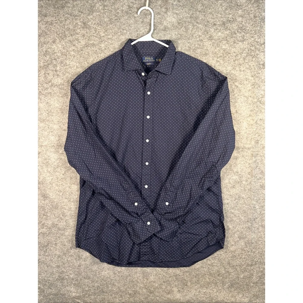 Ralph Lauren Polo Shirt Men XL Blue Button Down Polka Dots Preppy Woven Slim Fit